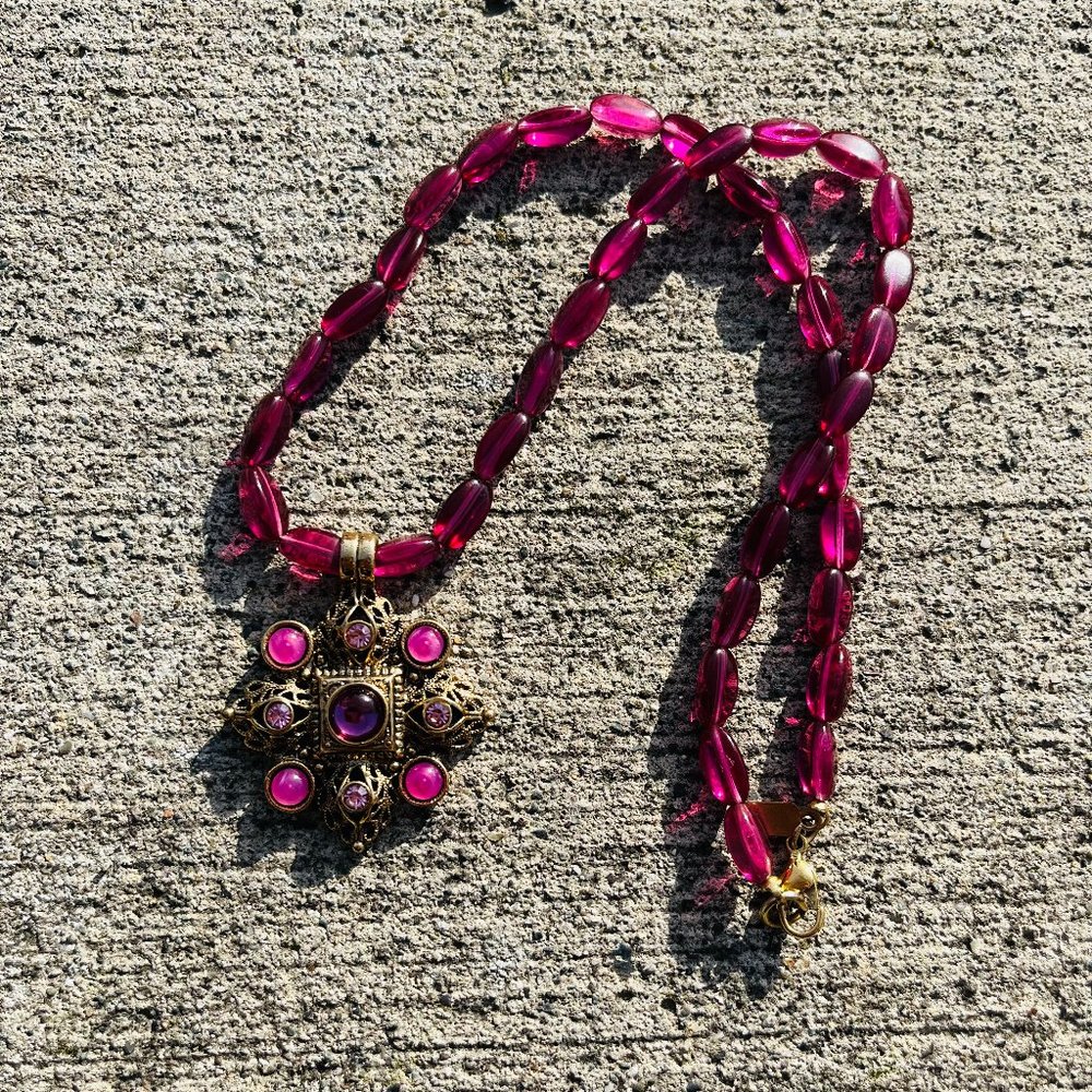 Gorgeous 1928 Pink and Purple Cabochon and Rhinestone Cross Pendant Necklace